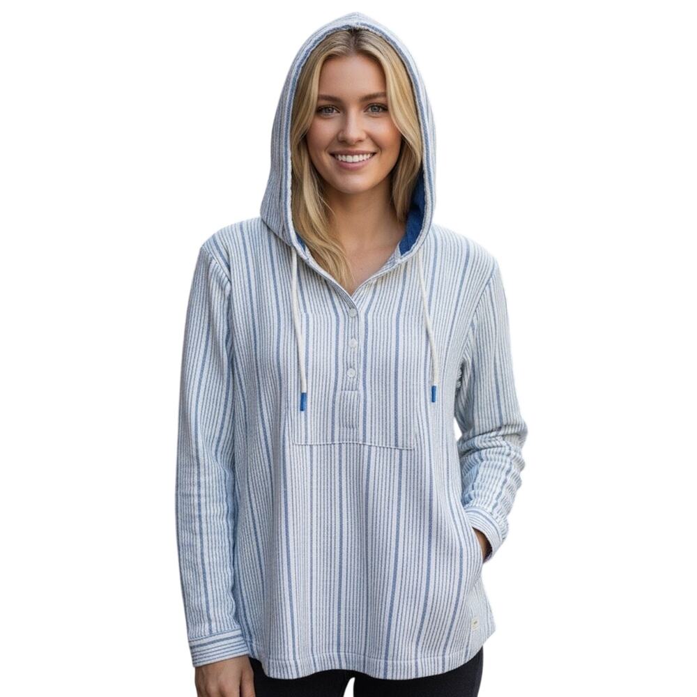 L.L. Bean Stripe Coastal Blue & White Linen Blend Tunic With Hood Women’s Sz M